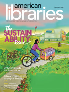 Under the title 'The Sustainability Issue' is an illustrated scene in which a person rides a book-bicycle along a grass-lined path toward a library building