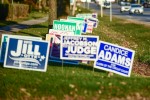 A line of political yard signs along a road