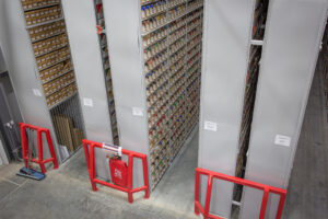 A row of tall, high-volume shelves