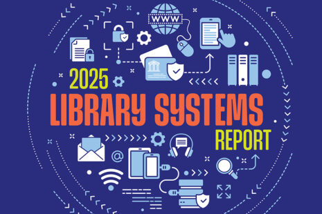 Illustration of computer-related icons with the text 2025 Library Systems Report