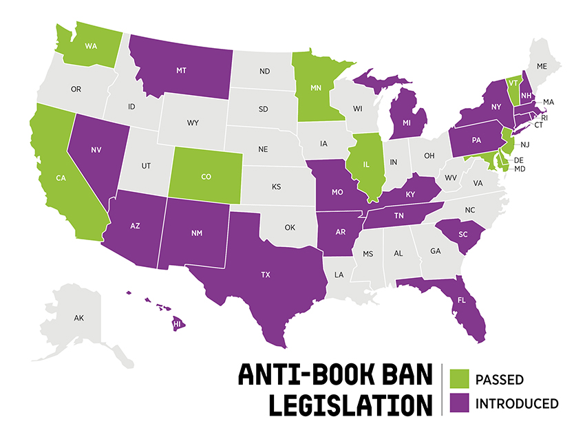 United States map showing states where anti-book ban legislation has been either passed or introduced.