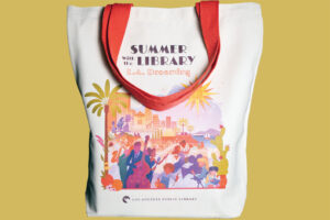 Tote bag featuring the Los Angeles skyline, with palm trees, reading "Summer Reading with LA Public Library."