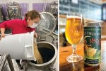 Two images: On the right, a library staffer empties a big rubber bucket of barley; on the left, the finished product: a glass of golden beer next to a can whose dark green label reads, "Celebrating the 1895,"