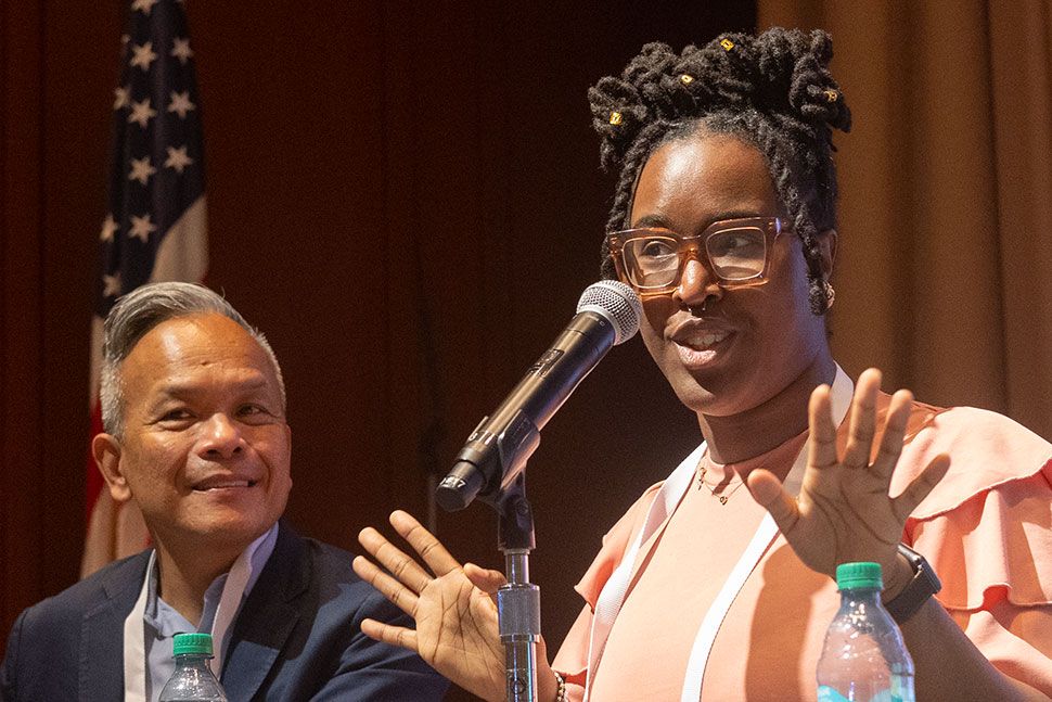 Roswell Encina, chief communications officer at the Library of Congress, and Hawa Jalloh, librarian at Prince George’s County (Md.) Memorial Library System, at a panel on influencer marketing at ALA's 2025 Annual Conference and Exhibition in Philadelphia.