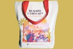Tote bag featuring the Los Angeles skyline, with palm trees, reading "Summer Reading with LA Public Library."