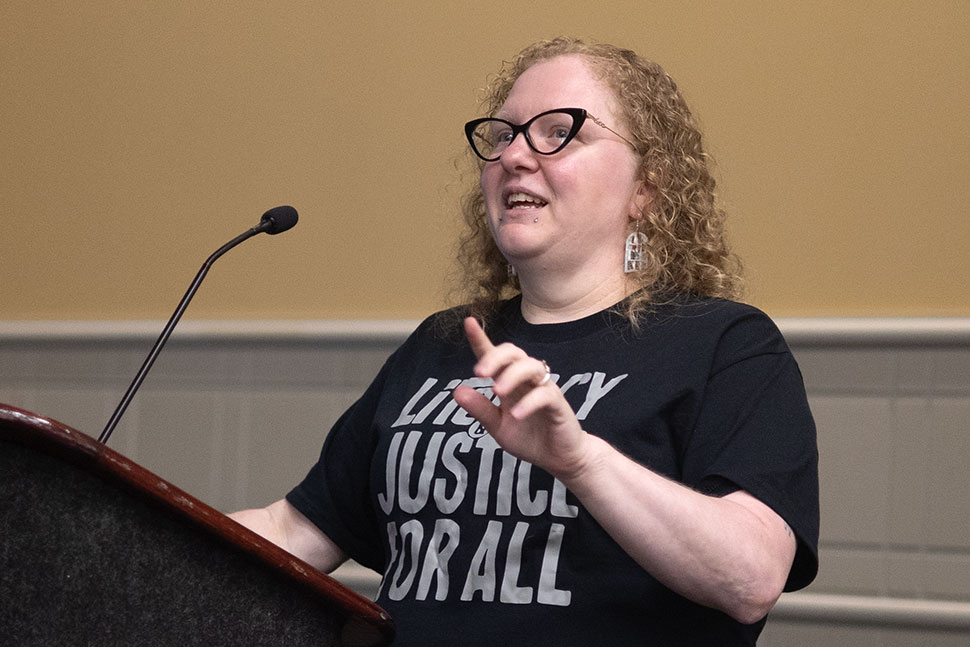 Tara Cooper, librarian at Columbus (Ohio) City Schools, speaks about soft censorship at the American Library Association's 2025 Annual Conference and Exhibition in Philadelphia.