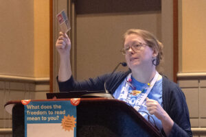 Rachel Payne, Brooklyn Public Library coordinator of early childhood services, at “Free Children Read Freely: Banned Books in Story Times for Young Children” at the American Library Association's 2025 Annual Conference and Exhibition in Philadelphia. Photo: Rebecca Lomax/American Libraries