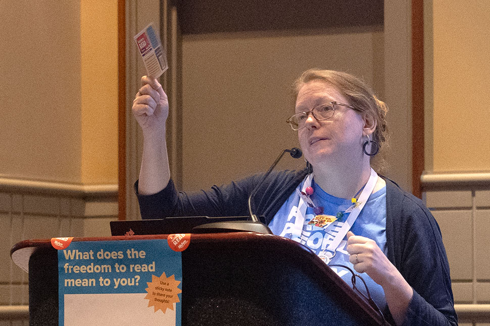 Rachel Payne, Brooklyn Public Library coordinator of early childhood services, at “Free Children Read Freely: Banned Books in Story Times for Young Children” at the American Library Association's 2025 Annual Conference and Exhibition in Philadelphia. Photo: Rebecca Lomax/American Libraries