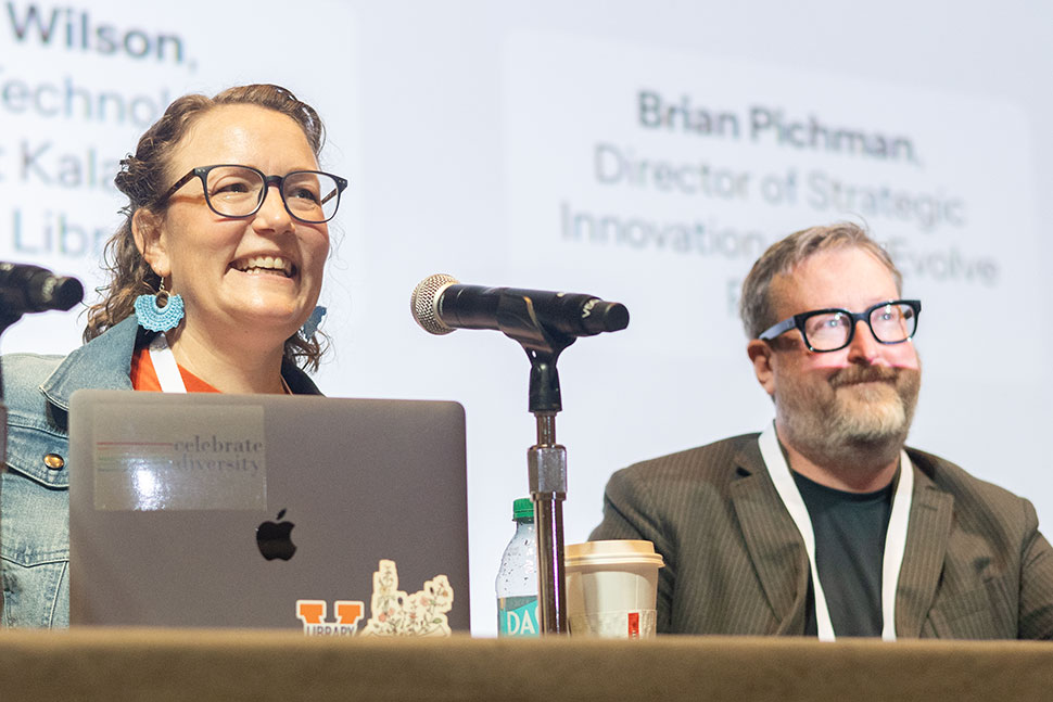 Amber Reichert, director of content strategy for communications and UX at University of Virginia, and Jarrod Wilson, head of technology services at Kalamzaoo (Mich.) Public Library share insights on technology at the American Library Association's 2025 Annual Conference and Exhibition in Philadelphia.