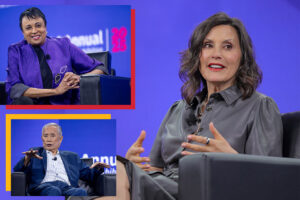 Clockwise from top left: Above: Former Librarian of Congress Carla Hayden; Michigan Gov. Gretchen Whitmer; actor George Takei