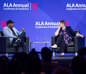 comedian Roy Wood Jr. (left) with now–ALA President Sam Helmick