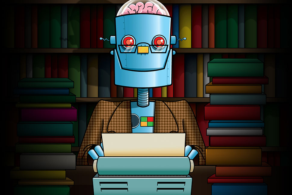 Illustration of a robot at a typewriter. Illustration: Tom Deja
