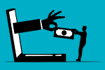 Illustration of a hand coming out of a computer to take a dollar bill from a person.