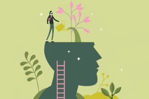 Abstract illustration of a person watering a tree that's coming out of a head.