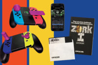 Collage of gaming paraphernalia, including video game controllers, a smart phone, and the box and disk from Zork I