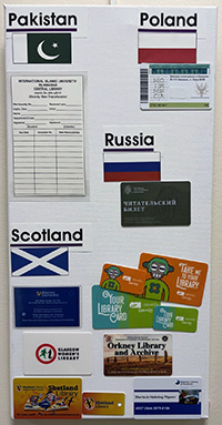 Library cards from Pakistan, Poland, Russia, and Scotland