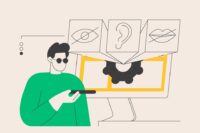 Man in dark glasses using an abstract website with icons of various senses exploding out of it