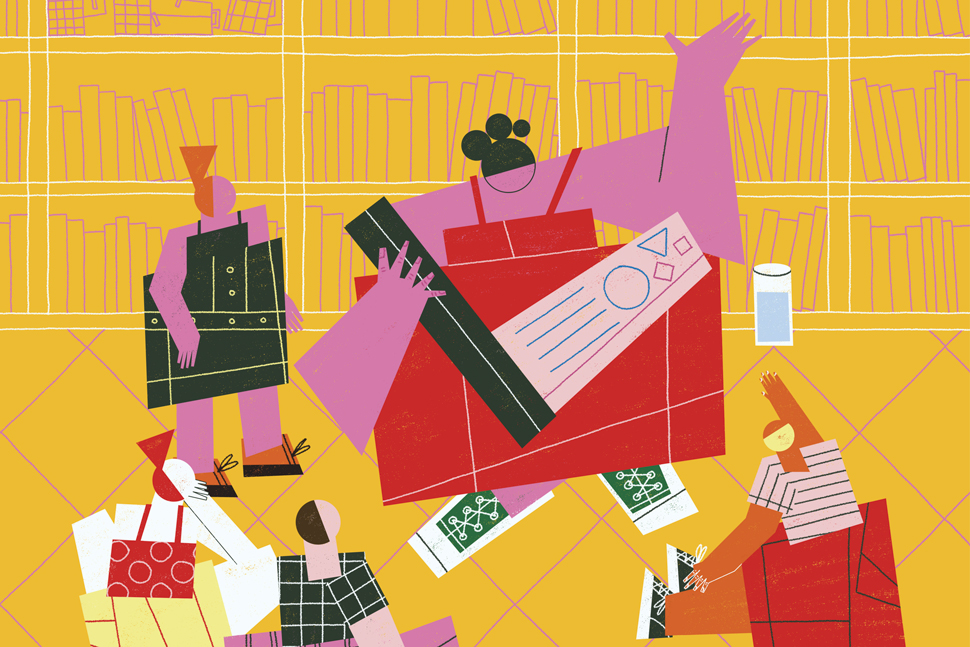 Illustration by Antonio Rodriguez of a person reading a book to others in the library