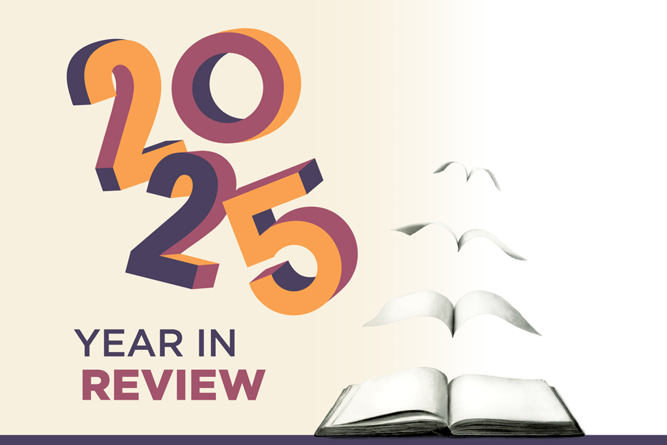 Numbers 2, 0, 2, and 5 floating over an open book with pages flying away