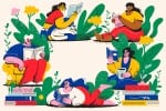 Colorful illustration of people reading in a variety of positions