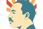 An illustrated profile view of Dr. Martin Luther King, Jr.’s head. Various beams of orange can be seen encompassing him from above, signifying rays of sunshine.