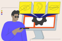 Man in dark glasses using an abstract website with icons of various senses exploding out of it