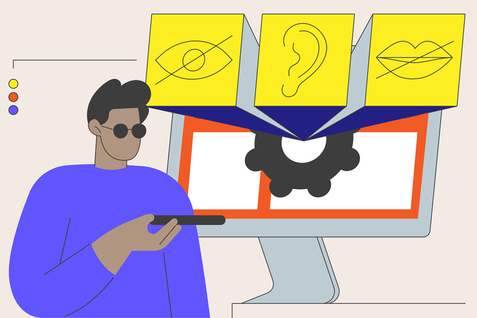 Man in dark glasses using an abstract website with icons of various senses exploding out of it