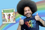 Mychal Threets showing "Library Joy" T-shirt with rainbow in the background and the cover of his new kids' book