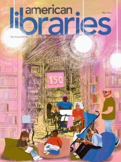 Cover of May 2026 issue of American Libraries featuring a historic line drawing of a library with modern users overlaid on it, and the number 150 indicating the anniversary
