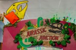 Jurassic Junction summer reading decorations with a pterodactyl at Lester Public Library