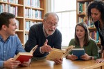 Teacher and students in a library