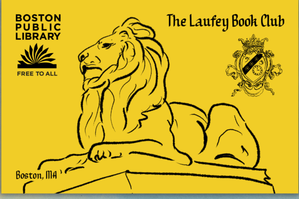 Boston Public Library's Laufey Book Club card, depicting the library's lion sculpture