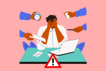 Overwhelmed man with many hands demanding he take on tasks